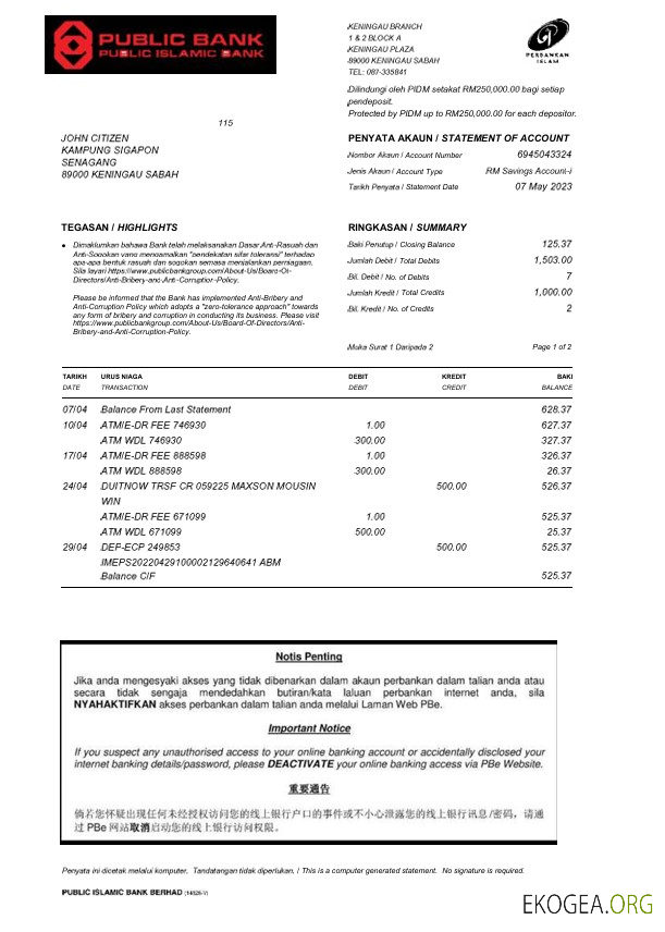 Malaisie Modèle de faux relevé bancaire islamique public Word et PDF, 2 pages